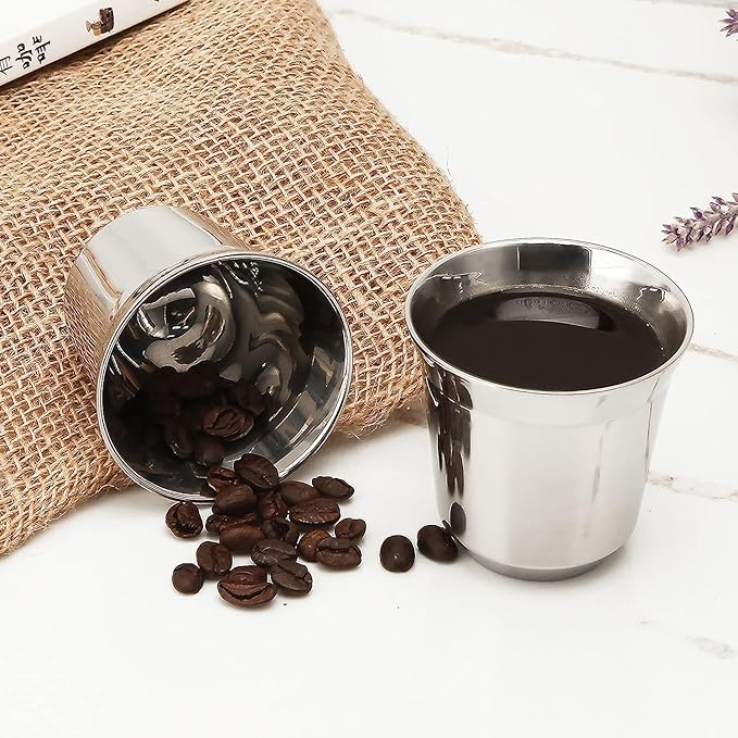 Easyworkz Stainless Steel Espresso Cup 2pcs Set Double Wall Insulated Metal Demitasse Cups 5 oz
