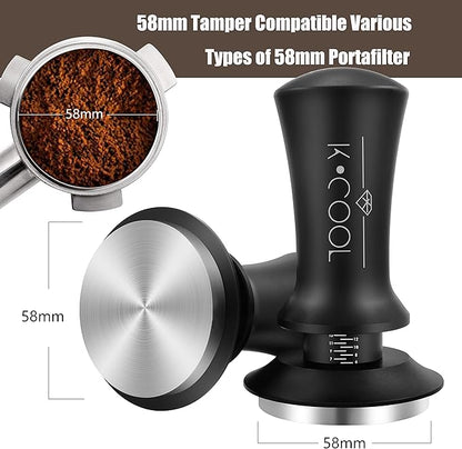 K COOL 58mm Espresso Tamper, Premium Barista Tools Coffee Tamper with Spring Loaded, Stainless Steel Base Tamper Compatible with Espresso Machine Rancilio, Gaggia Bottomless Portafilter (58mm, Black)