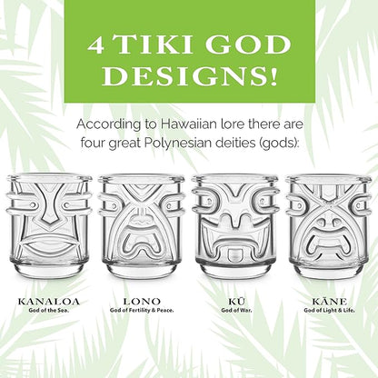 Final Touch Tiki Glasses Set of 4 - Kanaloa, Lono, Kū, Kāne Designs, 12 oz (355 ml), Clear, Stackable Totem Pole Storage, Durable Glassware for Tropical Cocktails (TK5303)