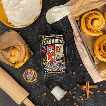 Bones Coffee Company Cinnamon Roll Flavored Coffee, Medium Roast Low Acid Arabica Beans Compatible with Auto drip and French Press Coffee Maker, 12 Oz Whole Bean