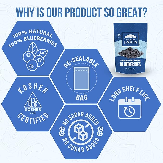 Thousand Lakes Freeze Dried Fruit - Blueberries 3.5 ounces | No Sugar Added | 100% Whole Blueberries