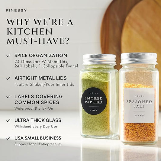 FINESSY Glass Spice Jars with Labels with Metal Lids and Shakers 24 Pack Set, 4oz Small Empty Air Tight Spice Containers with Labels, Clear Seasoning Containers Herb Bottles Kitchen Storage Organizer