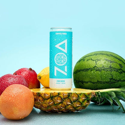 ZOA Zero Sugar Energy Drinks, Tropical Taste Pack - Sugar Free with Electrolytes, Healthy Vitamin C, Amino Acids, Essential B-Vitamins, and Caffeine from Green Tea - 12 Fl Oz (Pack Of 36)