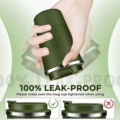 Insulated Coffee Tumbler 12 oz, Stainless Steel Coffee Mug with Lids, Travel Coffee Mug Leak Proof, Double Wall Vacuum Insulated Reusable Coffee Cup, Keep Drinks Hot and Cold, Military Green, 12 Ounce