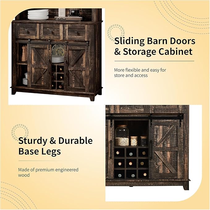 72" Coffee Bar Cabinet with Sliding Barn Door & LED Lights, Sideboard Buffet Cabinet with Wine Bottle Rack, 3 Drawers, Storage Cabinet for Kitchen, Dining Room, Dark Rustic Oak, DBC20B