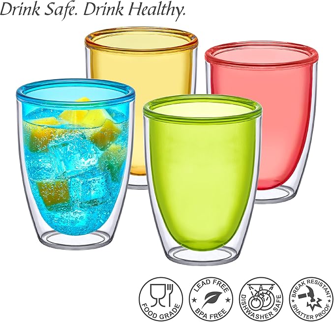 Amazing Abby - Andes - 12-Ounce Insulated Plastic Tumblers (Set of 4), Double-Wall Plastic Drinking Glasses, Mixed-Color Reusable Plastic Cups, BPA-Free, Shatter-Proof, Dishwasher-Safe