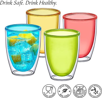 Amazing Abby - Andes - 12-Ounce Insulated Plastic Tumblers (Set of 4), Double-Wall Plastic Drinking Glasses, Mixed-Color Reusable Plastic Cups, BPA-Free, Shatter-Proof, Dishwasher-Safe