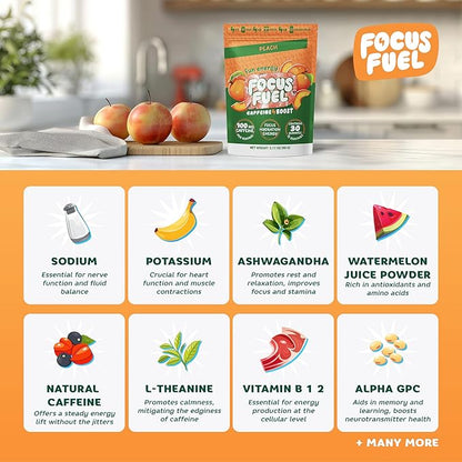 FocusFuel Energy Chews – Peach Flavor (15 Servings) – 100mg Caffeine + Alpha GPC+ L-Theanine + B12, Magnesium – Smooth Focus & Energy – No Crash or Jitters