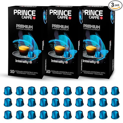 Prince Caffe Espresso Pods – Premium Intensity 8, Medium-Dark Roast, The Espresso Coffee Pods Are Compatible with Nespresso Original Line Machines, 30 Count (3 x 10 Capsules) Premium Quality Coffee Capsules.