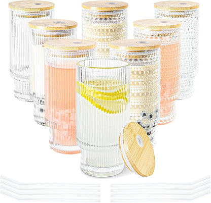 8 Pcs 11oz Drinking Glasses Cups Set with Bamboo Lids Straws Brush Small Vintage Hobonail Ribbed Glassware Set for Juice Iced Coffee Cocktail Whiskey