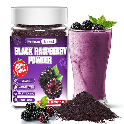 Freeze Dried Black Raspberry Powder - 180g Super Fruit Powder, 100% Black Raspberry Extract, No Additive, No Artifical Sugar Non-GMO Natural Food Coloring for Baking, Smoothies, Yogurt
