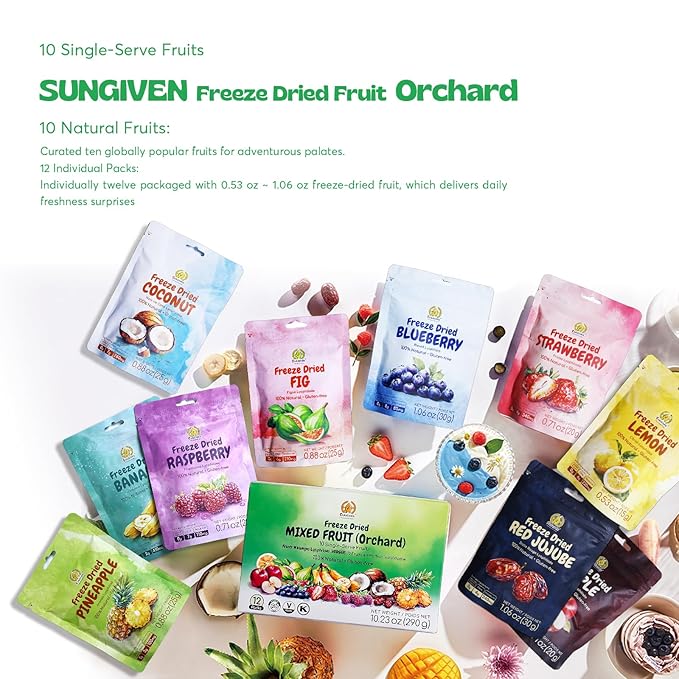 SUNGIVEN Mixed Freeze Dried Fruit, Variety Pack of 12 Single Bag, Health Snack, Freeze-Dried Apple Banana Strawberry Blueberry Raspberry Coconut Mango Pineapple, No Sugar Added, 10.2 oz