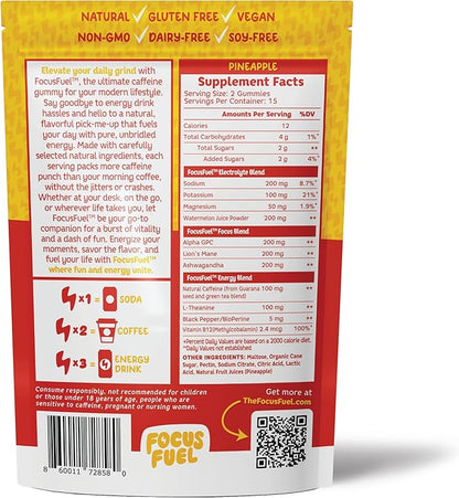 FocusFuel Energy Chews – Pineapple Flavor (15 Servings) – 100mg Caffeine + Alpha GPC + L-Theanine + B12, Magnesium – Tropical Energy Boost – No Crash or Jitters