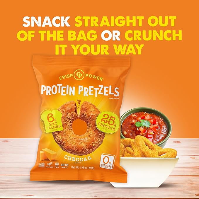 Crisp Power Protein Pretzels, NEW Cheddar, High Protein Vegan Keto Snack, 25 G Plant Based Protein, Low Carb Crunchy Pretzel Snacks, No Added Sugar, No Seed Oils, 1.75 oz Bags, 6 Pack
