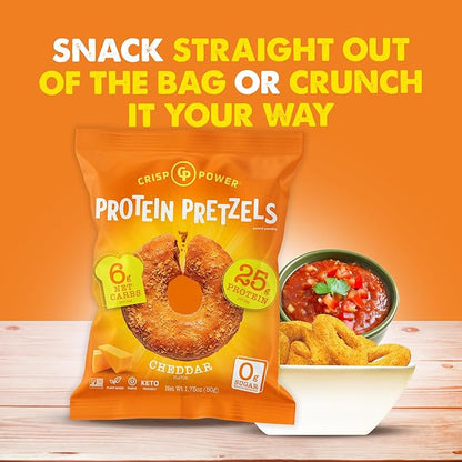Crisp Power Protein Pretzels, NEW Cheddar, High Protein Vegan Keto Snack, 25 G Plant Based Protein, Low Carb Crunchy Pretzel Snacks, No Added Sugar, No Seed Oils, 1.75 oz Bags, 24 Pack
