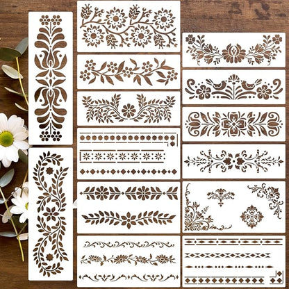 Talavera Stencils for Crafts Reusable Floral Stencils for Walls Mexican Flower Border Corner Drawing Stencil for Wood Furniture Wall Canvas Floor
