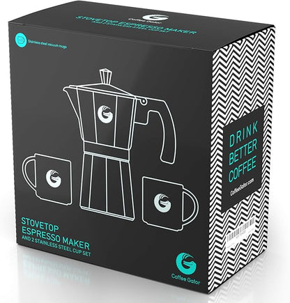 Coffee Gator Moka Pot - 6 Cup, 12oz Stovetop Espresso Maker - Classic Italian and Cuban Coffee Percolator w/ 2 Stainless-Steel Cups – Matte Grey Aluminum, 360ml