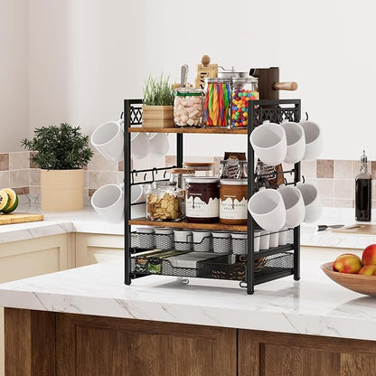 Coffee Bar Organizer Countertop Station Shelf - 4 Tier Mug Holder Stand With 12 Hooks, 30 K Cup Pod Drawer, Multifunctional Shelf for Accessories Kitchen