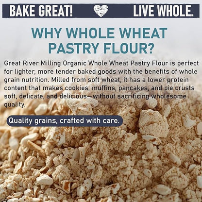 Great River Milling Organic Whole Wheat Pastry Flour | Soft Texture, Lower Gluten | USDA Organic, Non-GMO, Kosher | Ideal for Muffins, Cookies, Cakes & More | 5 Lb