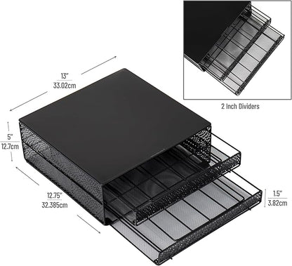 Mind Reader Single Serve Coffee Pod Organizer with 2 Drawers, 72 Pod Capacity, Metal Mesh, 13"L x 12.75"W x 5"H, Black