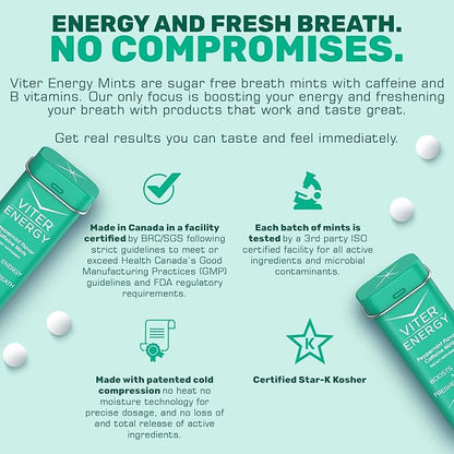 Viter Energy 40mg Caffeine Mints - Sugar Free, B Vitamins, Vegan, Boosts Fast Energized Alert Focus, Caffeinated Nootropic Supplement Pills (Peppermint Flavor, 20pcs, 6 Pack, 120pcs Total)