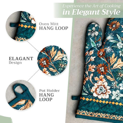 Maison d' Hermine 100% Cotton Oven Mitt & Pot Holder Set (7.5"x13" & 8"x8") Heat Resistant BBQ Cooking Gloves with Loop, Baking, Grilling, Kitchen, Handling Hot Pans (Luxury Loft-Dark Teal)