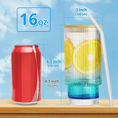 Glass Cups with Lids and Straws - 16 oz Iced Coffee Cups, Vintage Ribbed Drinking Glasses with Bamboo Lids, Tumbler for Juice, Beer, Coffee, Milk, Cocktail, Water (4 Pack)