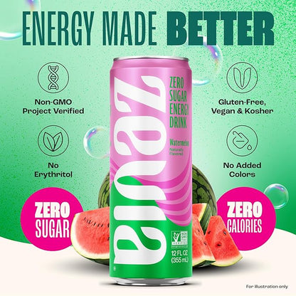Zevia Zero Sugar Energy Drink, Watermelon, 12 oz Cans (12-Pack) – Naturally Sweetened, Non-GMO Project Verified, Gluten-Free, Vegan