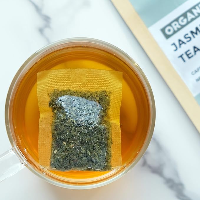 Fescha Organic Jasmine Green Tea Bags Flower-scented Tea (100-count), Eco-Conscious Tea Bags, Packed by Resealable Kraft Bag