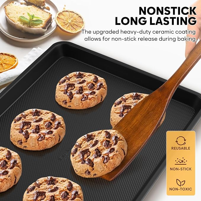 Cookie Sheet for Baking, Ceramic Baking Sheet Jelly Roll Pan, Thicker Carbon Steel Baking Sheet Non Stick, 15.3 x 11.3 Inch Baking Tray for Oven