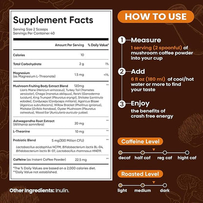 Venture Pal Mushroom Coffee with 12 Adaptogenic Functional Mushrooms with Ashwagandha, Lion's Mane, Chaga and Probiotics, 1200mg Mushrooms Instant Coffee for Focus, Digestion & Immunity - 40 Servings
