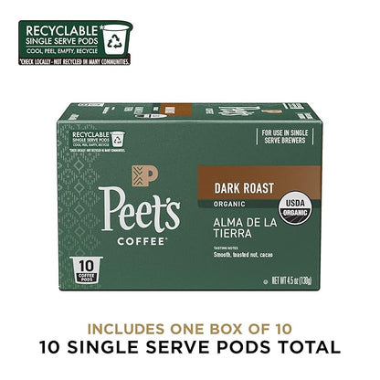 Peet's Coffee, USDA Organic Dark Roast Single Serve Coffee Pods - Alma de la Tierra 10 Count (1 Box of 10 Pods)