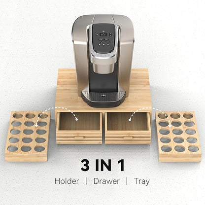 Bamboo K-Cup Pods Holder Organizer - 60 Pod Capacity with 2 Sliding Drawers & 2 Coffee Pod Holder Inserts, Elegant Tea Bag Storage Box for Home, Office & Kitchen Countertop (39.4"x8.2"x8.2")