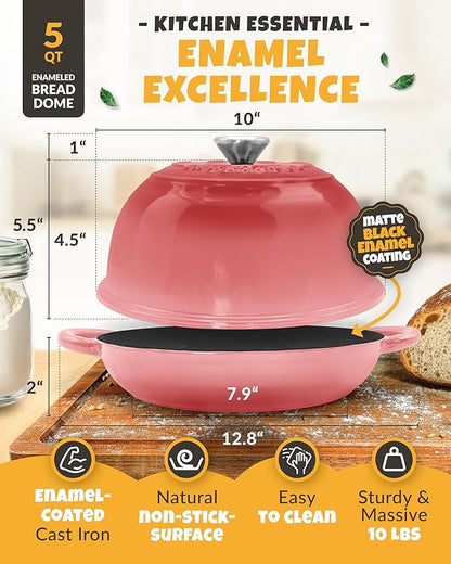 Dutch Oven Bread Baking - 5QT Enamel Bread-Oven - incl Sourdough Bread-Baking Suppliers like Dough Whisk Scoring Lame etc Bread-Dome Cast Iron Bread-Pan with Lid for Sour dough, Bread-making