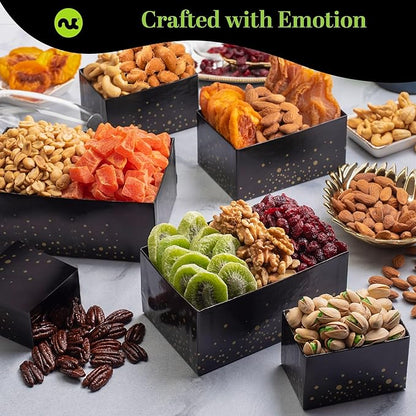 NUT CRAVINGS Gourmet Collection - Thinking of You, Nuts & Dried Fruits Tower Gift Basket, with TY Ribbon + Greeting Card (12 Assortments) Food Arrangement, Healthy Snack Care Package, Food Assortments