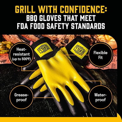 Hey Grill Hey Pitmaster Gloves | BBQ Gloves | Heat Protection up to 500°F or 260°C | High Temp Resistance | Fireproof Glove for Grilling Smoking Barbecue | Washable Mitts | Waterproof | Size - Large