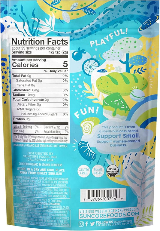 Suncore Foods Organic Aqua Blue Spirulina Powder, 2 oz (1 Bag), Gluten-Free, Non-GMO, Plant-Based, Perfect for Food Coloring, Baking, Drinks, Smoothies, and More
