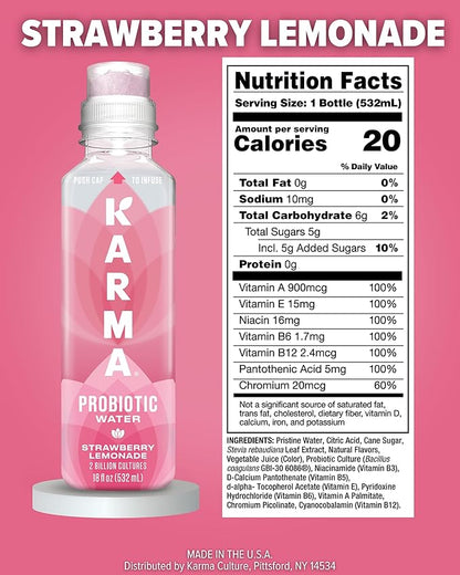 Karma Probiotic Water - 12 Pack, Strawberry Lemonade Drink - Immune & Gut Health Support