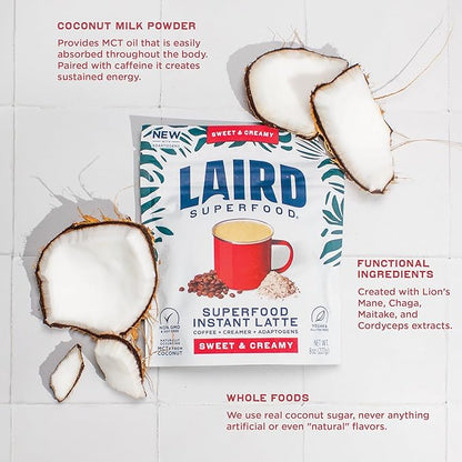 Laird Superfood Instant Latte 100% Arabica Coffee Sweet & Creamy, Non-Dairy, Superfood Creamer, Gluten Free, Non-GMO, Vegan, 8 oz. Bag, Pack of 1