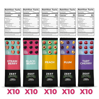 Fruit Snacks by Zest Delites, Fruit Leather Bars, Healthy Snacks for Adults & Kids, Vegan, Apple-Based, Strawberry, Peach, Blackberry, Plum, Tart Cherry, Bulk 0.88 oz x 50