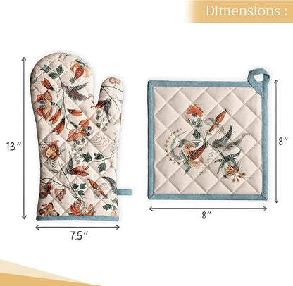 Maison d' Hermine 100% Cotton Oven Mitt & Pot Holder Set (7.5"x13" & 8"x8") Heat Resistant BBQ Cooking Gloves with Loop, Baking, Grilling, Kitchen, Handling Hot Pans (Dalida)