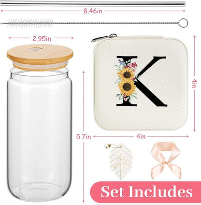 AYGXU Bridesmaid proposal gifts,16oz glass cups with bamboo lid,Travel Jewelry Organizer,Bridesmaid Gifts for Women,Wedding Travel Essentials Small Jewelry Box,Initial K white