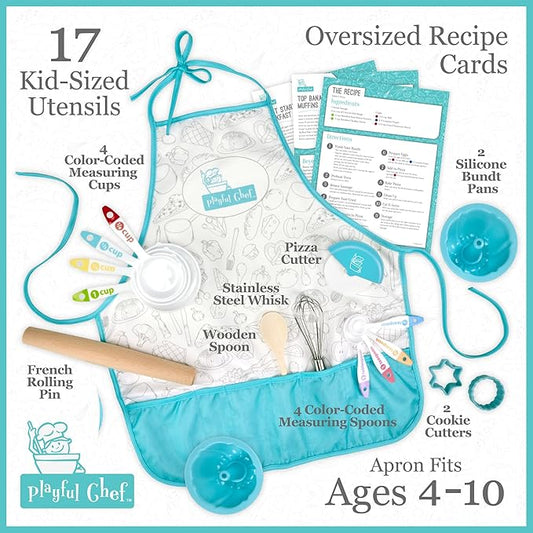 MindWare Playful Chef Deluxe Baking Kit - Set Includes 17 Utensils with Color-Coded Measuring Tools & 5 Healthy Recipes – Ages 4 & up