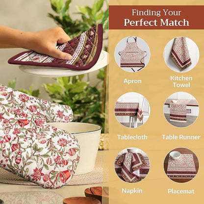 Maison d' Hermine 100% Cotton Oven Mitt & Pot Holder Set (7.5"x13" & 8"x8") Heat Resistant BBQ Cooking Gloves with Loop, Baking, Grilling, Kitchen, Handling Hot Pans (Reveillon Au Jardin)