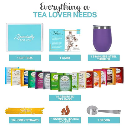 Gift Sets for Tea Lovers Women and Men Tumbler 15 Unique Teas 10 Honey Straws (Mom Card-Purple)