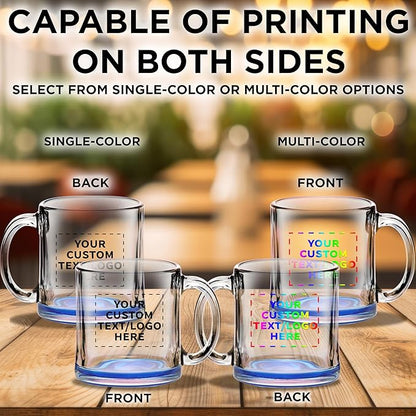 Custom Libbey Clear Glass Coffee Mugs 13 oz. Set of 50, Personalized Bulk Pack - Perfect for Coffee, Tea, Espresso, Hot Cocoa, Other Beverages - Blue Bottom