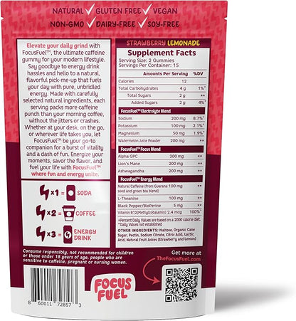 FocusFuel Energy Chews – Strawberry Lemonade Flavor (15 Servings) – 100mg Caffeine + Alpha GPC + L-Theanine + B12, Magnesium – Boost Focus & Energy – No Crash or Jitters