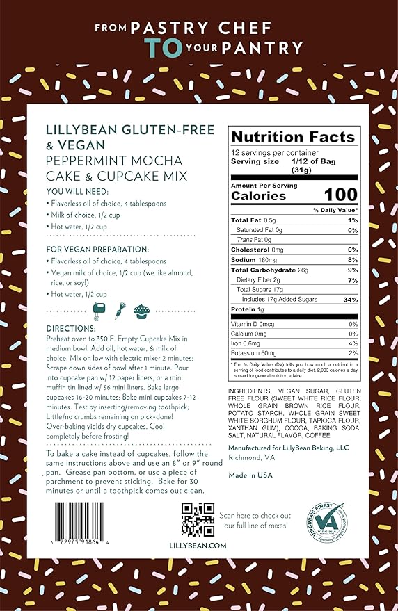 LillyBean Gluten Free Peppermint Mocha Cupcake Mix with No Artificial Colors - Dairy and Soy Free, Vegan - Makes Delicious Desserts - Cakes, Donuts, Cake Pops - 13 oz