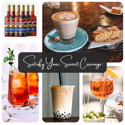 Jimoco Syrup Pump & Torani Syrup Bundle - Fruit Bowl Syrup 6 Pack Summer Flavors, Raspberry, Strawberry, Blackberry, Cherry, Orange and Peach - For Italian Soda Coffee, Lattes, Frappes With 6 Pump Dispensers