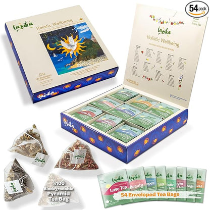 Lazika Herbal Tea Variety Pack with Lovely Presentation Box, 54 Counts, Holistic Wellbeing Tea Assortment Gift Set, Premium Collection with Pyramid Infuser Bag, Handcrafted